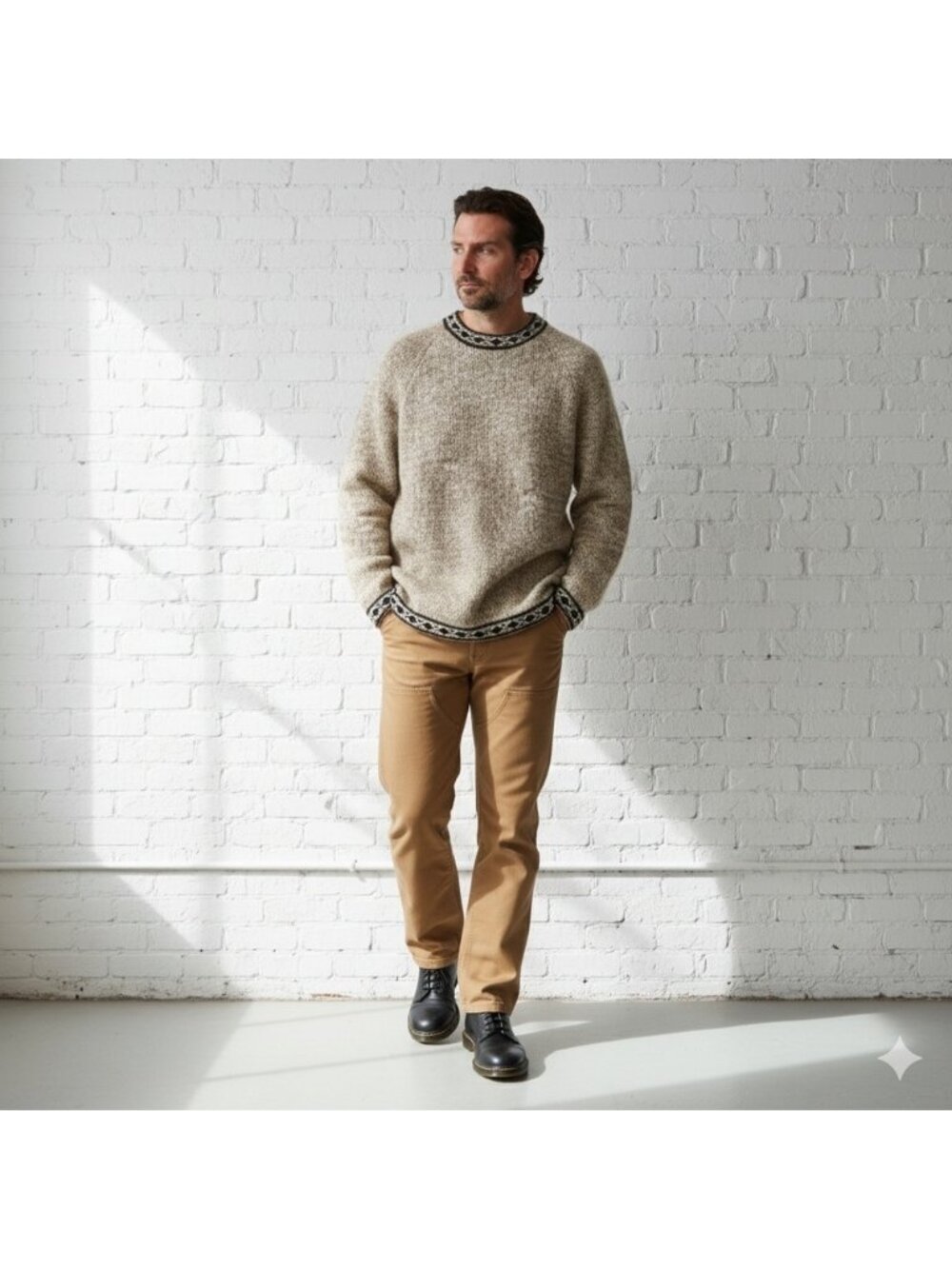 Vintage Mens Beige Sweater Nordic Knit Long Sleeve Size Large 90s Eclectic Style
